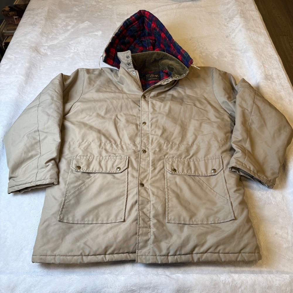 Vintage Cal‎ Craft Mens Tan Plaid Lined Hooded Parka Jacket Made in USA